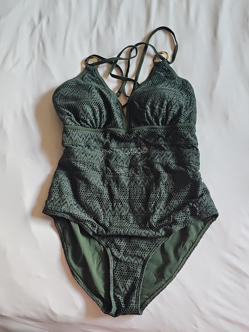 Dark Green Lace Crochet One-Piece Swimsuit